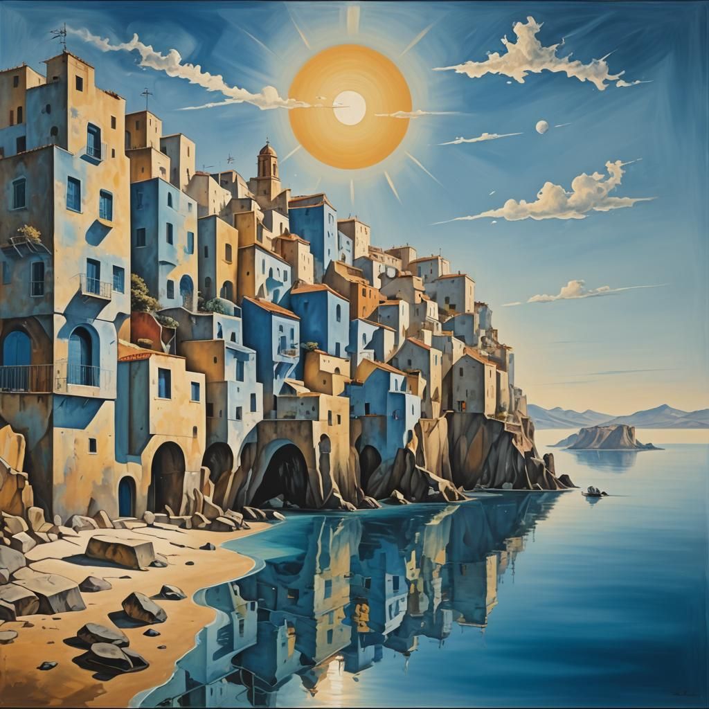 Surreal Mediterranean Village Reflection in Dali Style