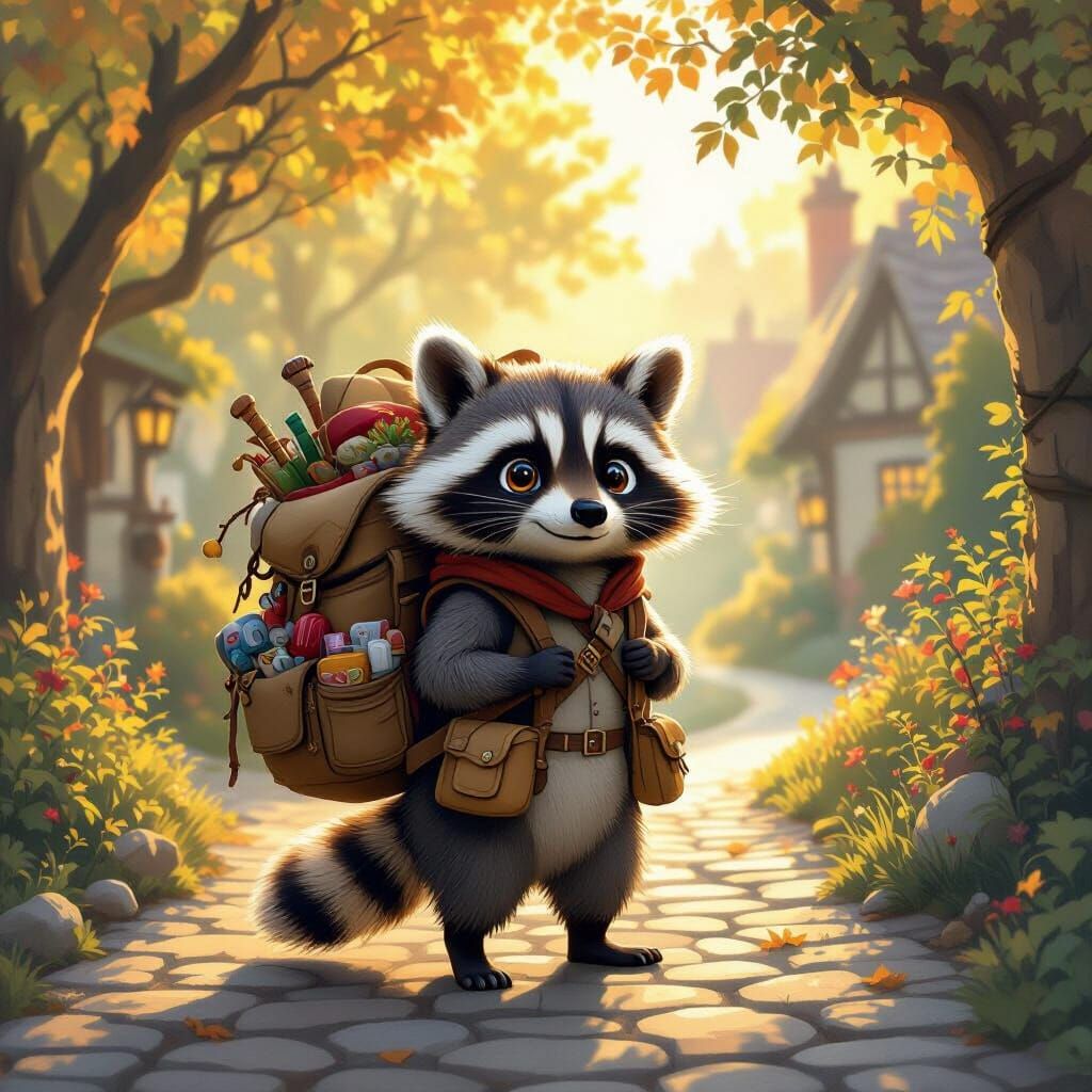 Charming Raccoon Merchant in Sunlit Forest Village
