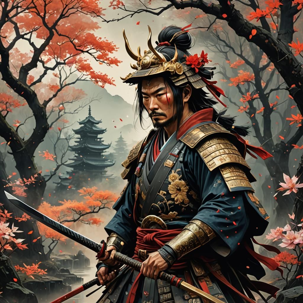 Samurai with Luminous Colors and Golden Outlines
