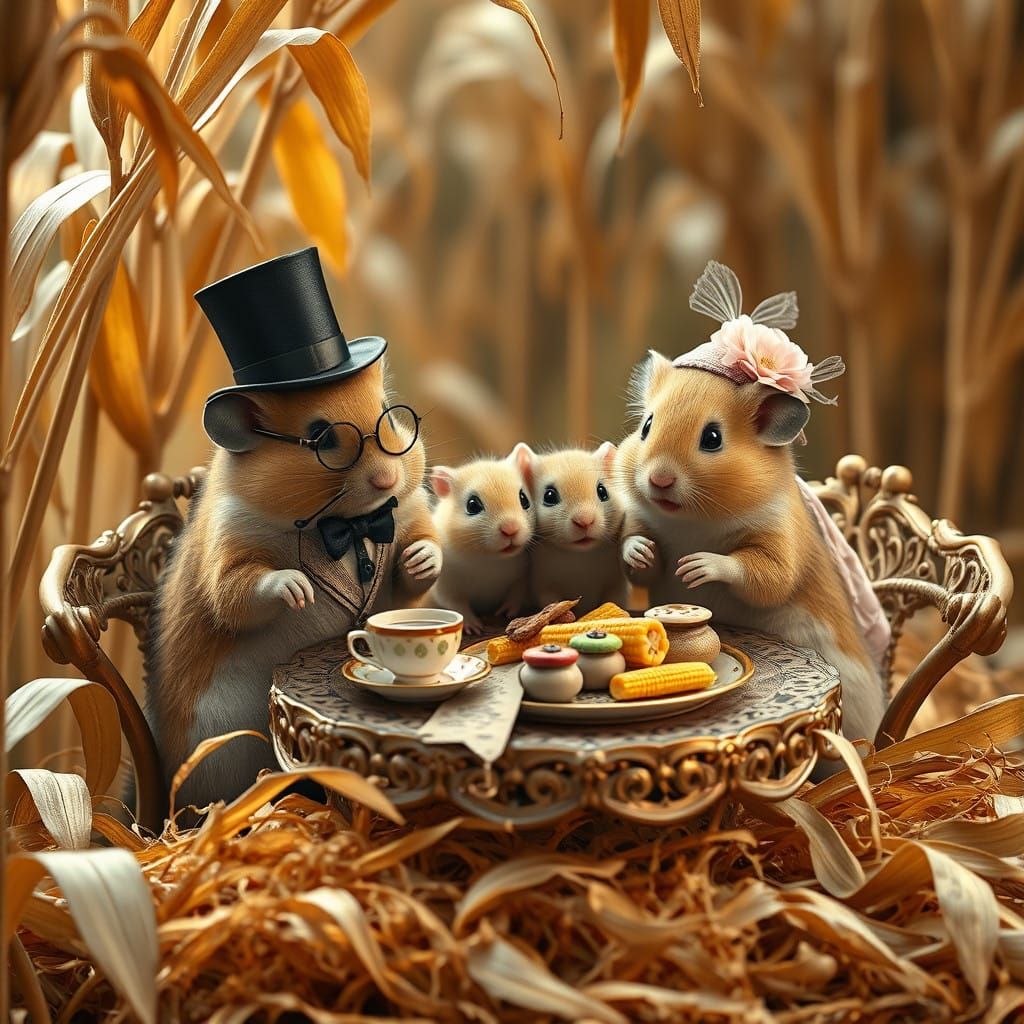 Whimsical Hamster Family Enjoys Tea in Golden Cornfield