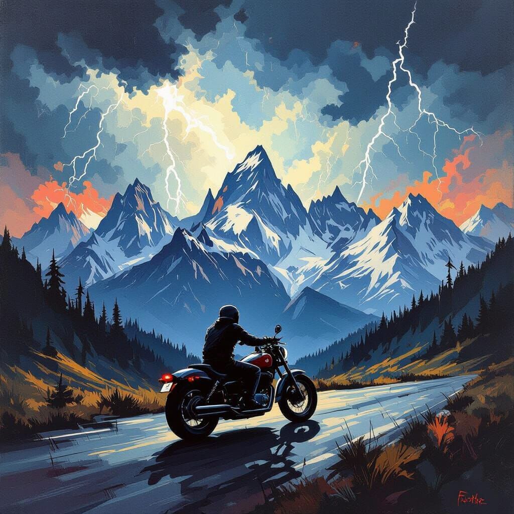 Motorcycle Rider Against Stormy Peaks in Cubist Style