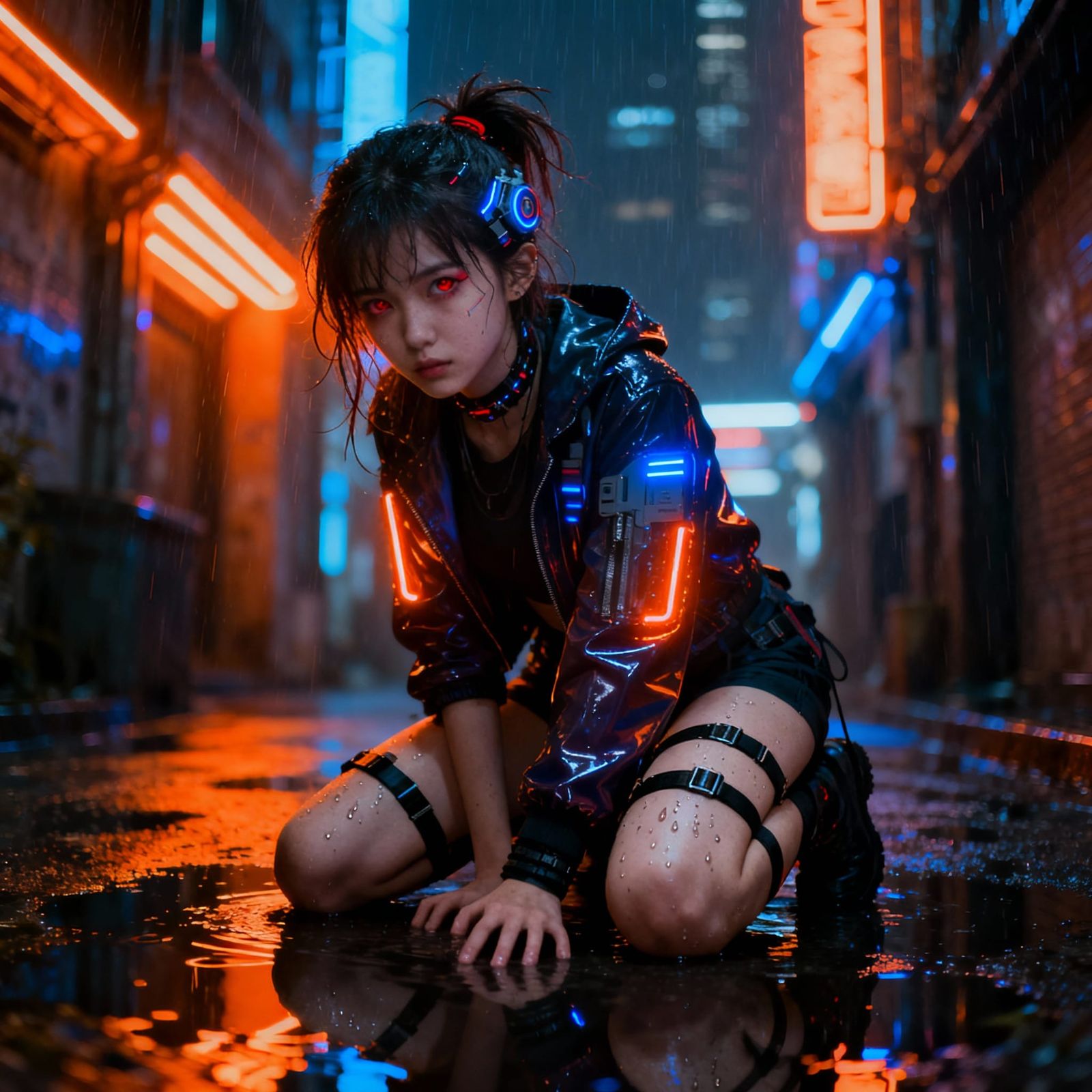 Cyberpunk Woman in Neon Alley, Dystopian City