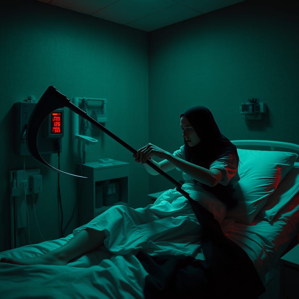 Hospital Battle: Woman Confronts Death in Dark Photo