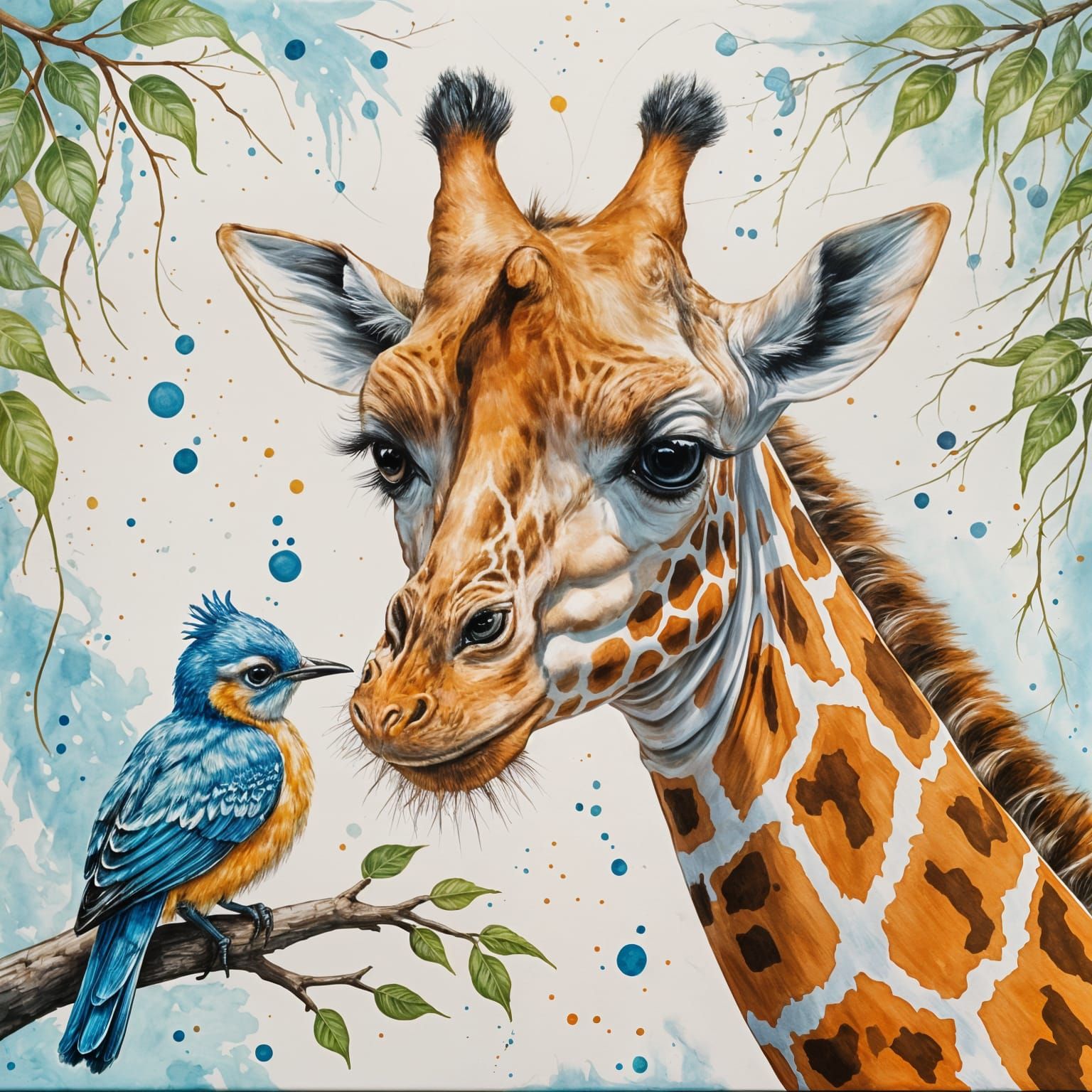 Giraffe and Bird: Tender Moment in Acrylic and Oil