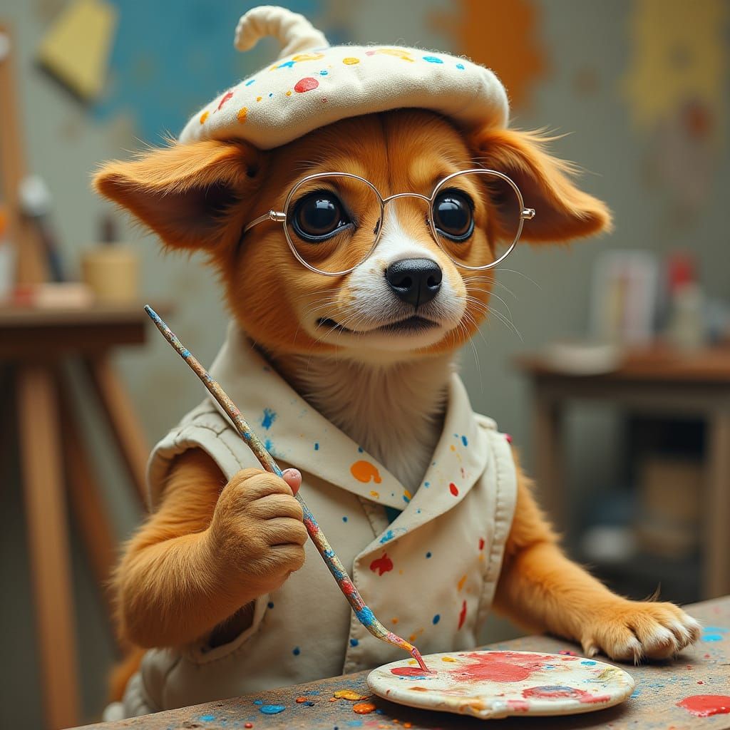 Canine Artist at Work in Whimsical Studio