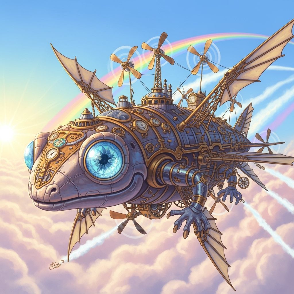 Giant Steampunk Gecko Airship Soaring in Pastel Sky