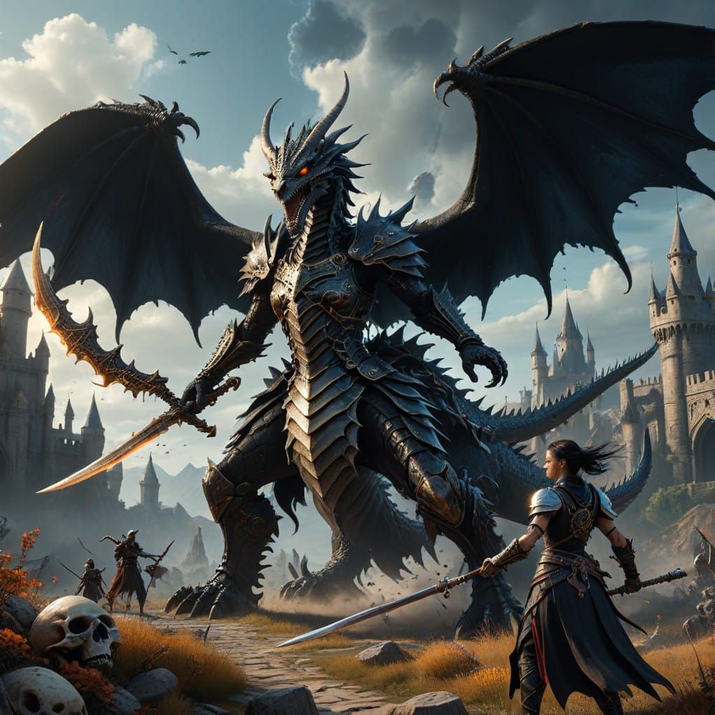 Epic Bone Dragon Battles Whirling Dervish in Cyberpunk Fanta...