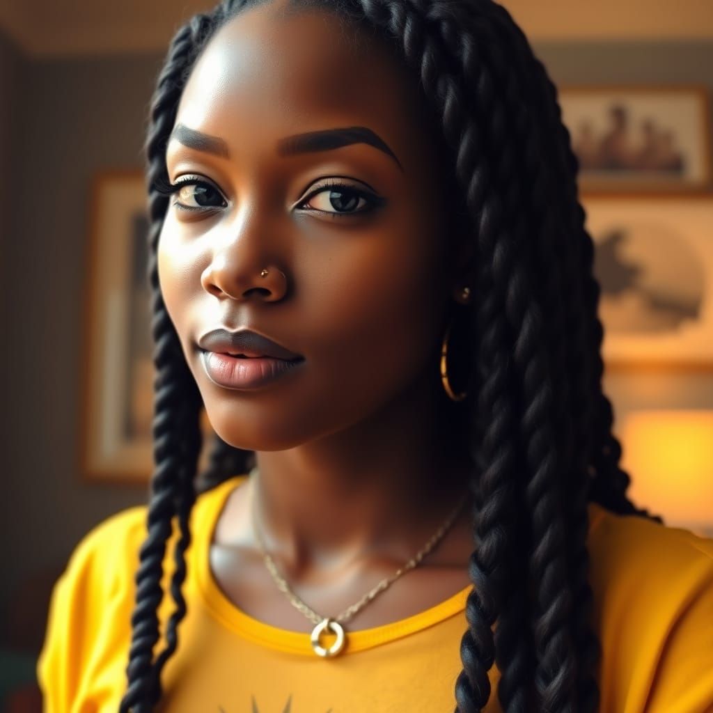 African American Woman Portrait with Braided Hair and Nose R...