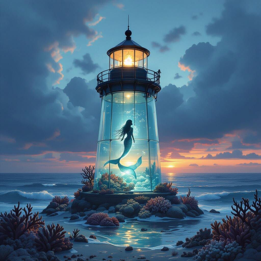 Mermaid in Glass Lighthouse at Twilight