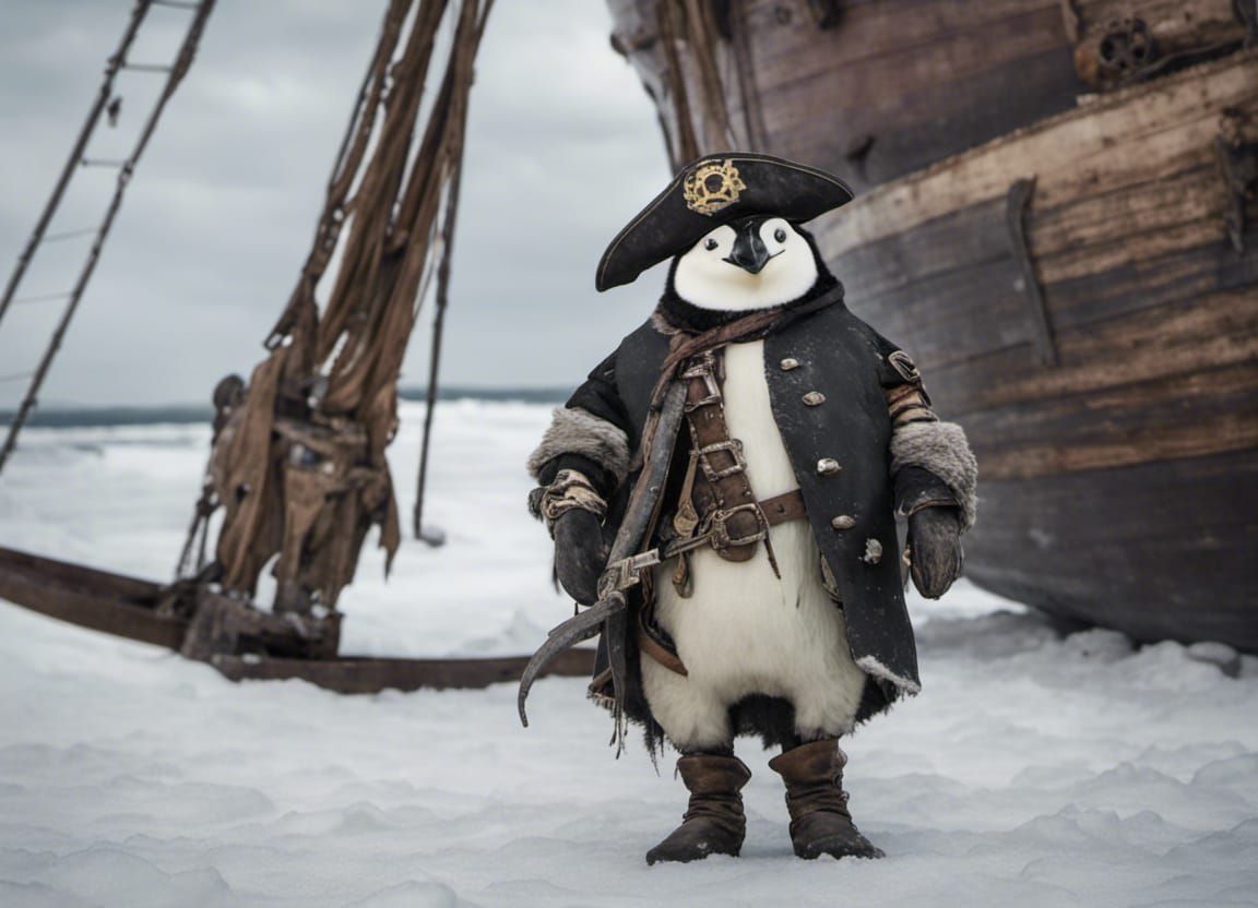 Penguin Pirate Walking off Ship in Snow