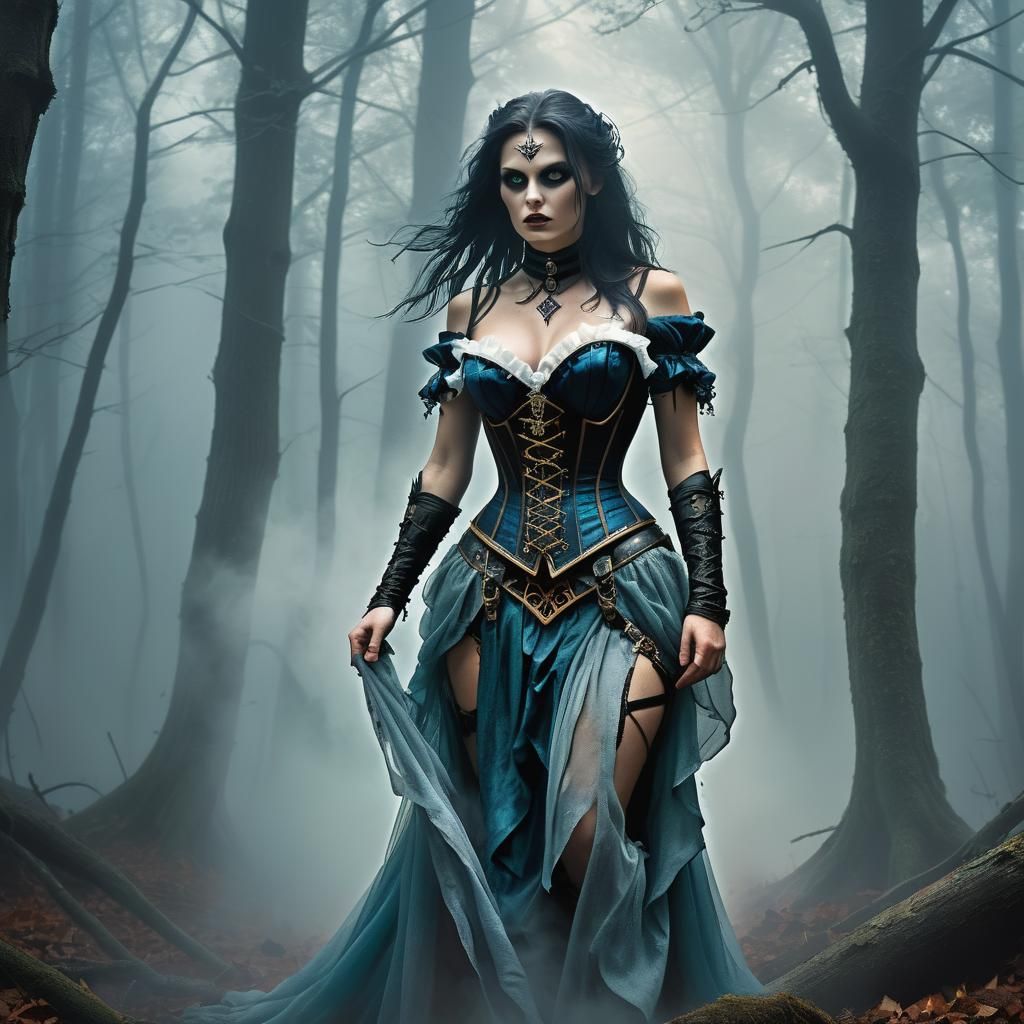 Sinister Sorceress in Mist-Covered Woods
