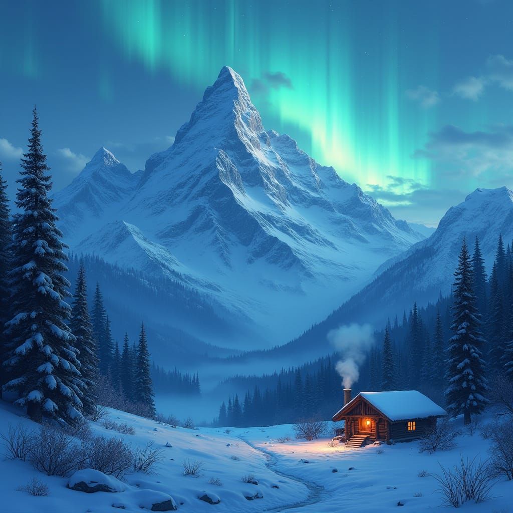 Snowy Mountains Under Aurora Borealis Sky with Cozy Cabin