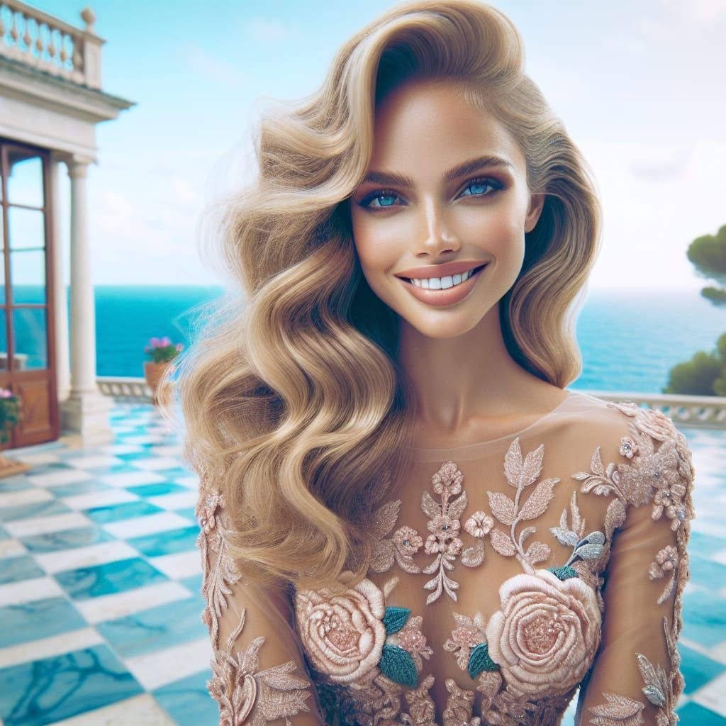 Beautiful Blonde Woman Portrait on Ocean View Patio