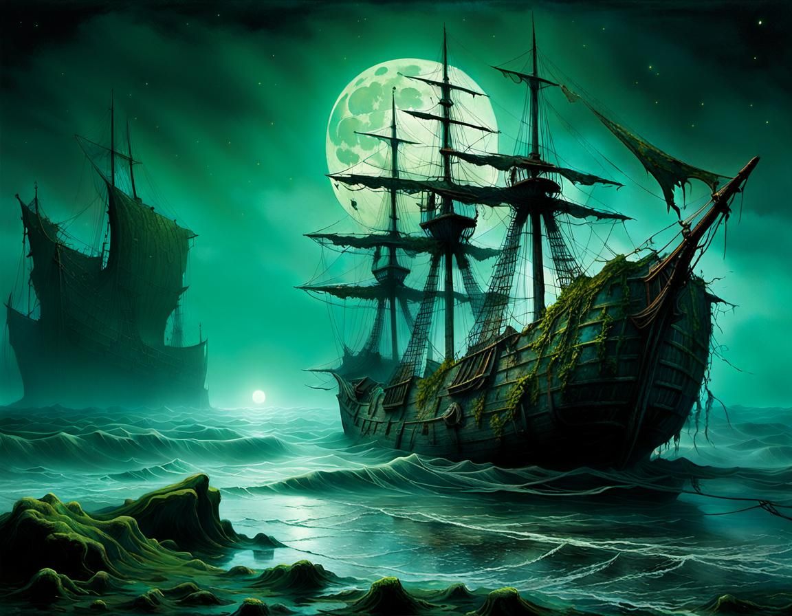Ancient Ship Sails Dark Sea in Gothic Art