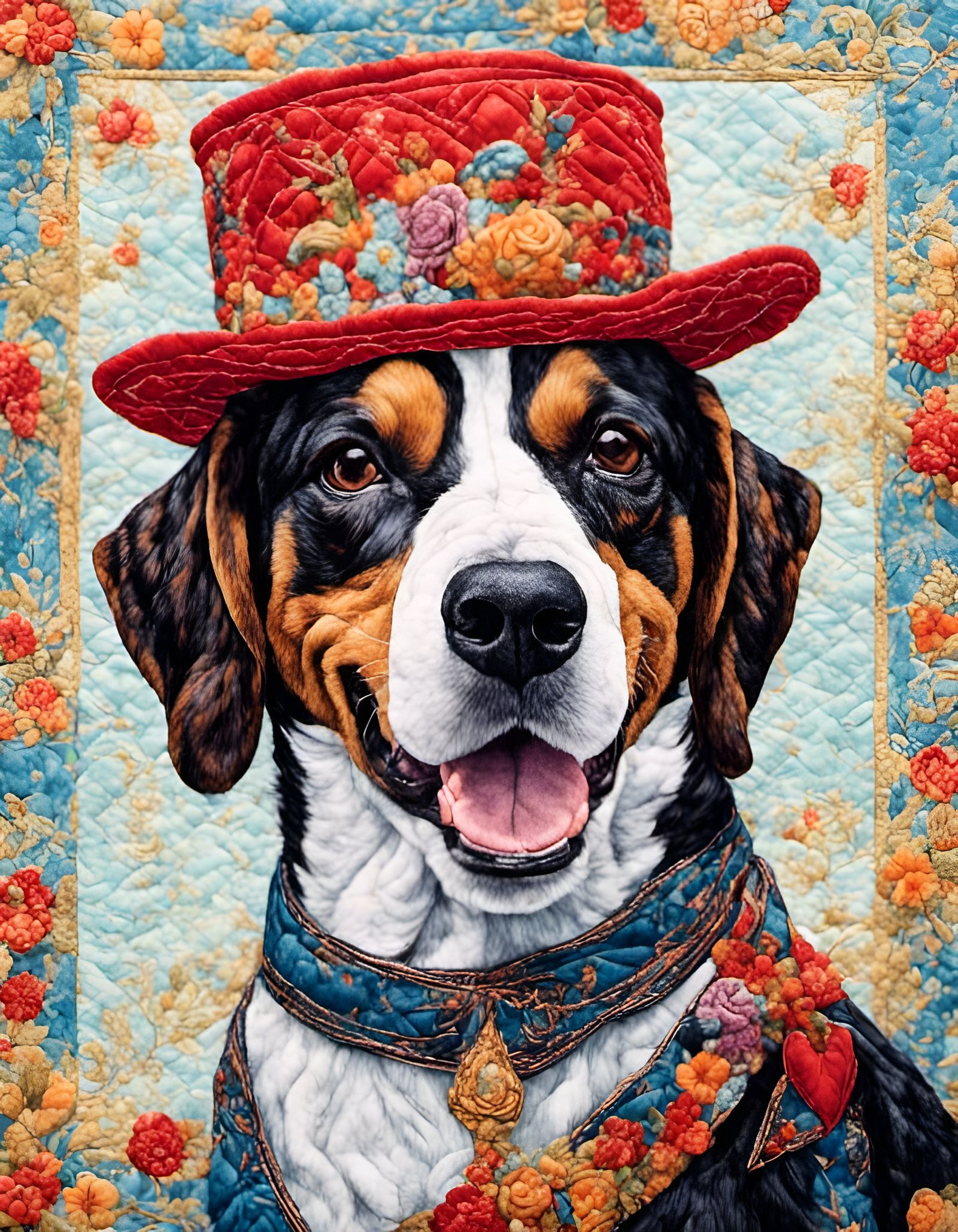 Quilted Dog Portrait with Fancy Hat