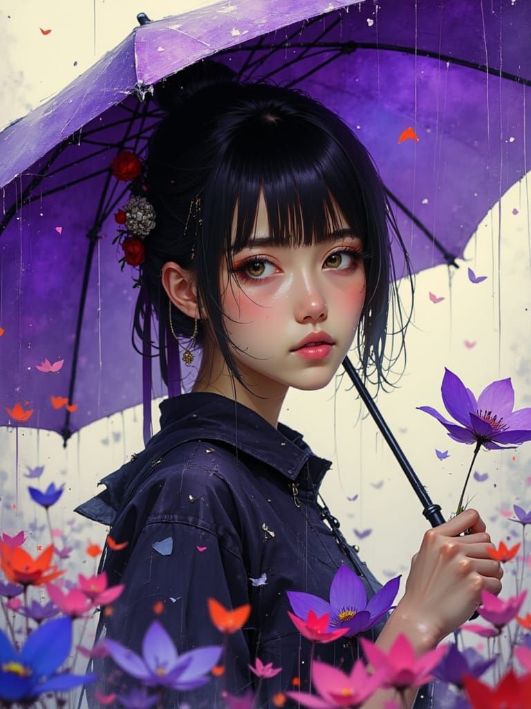 Vibrant Portrait of a Woman in Rainy Garden