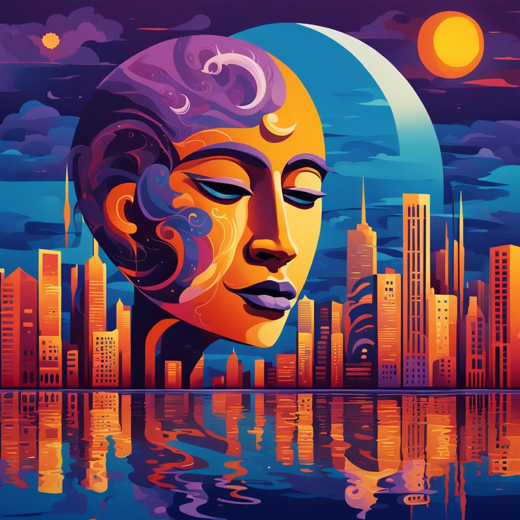 Surreal Day and Night Portrait in Pop Art Style