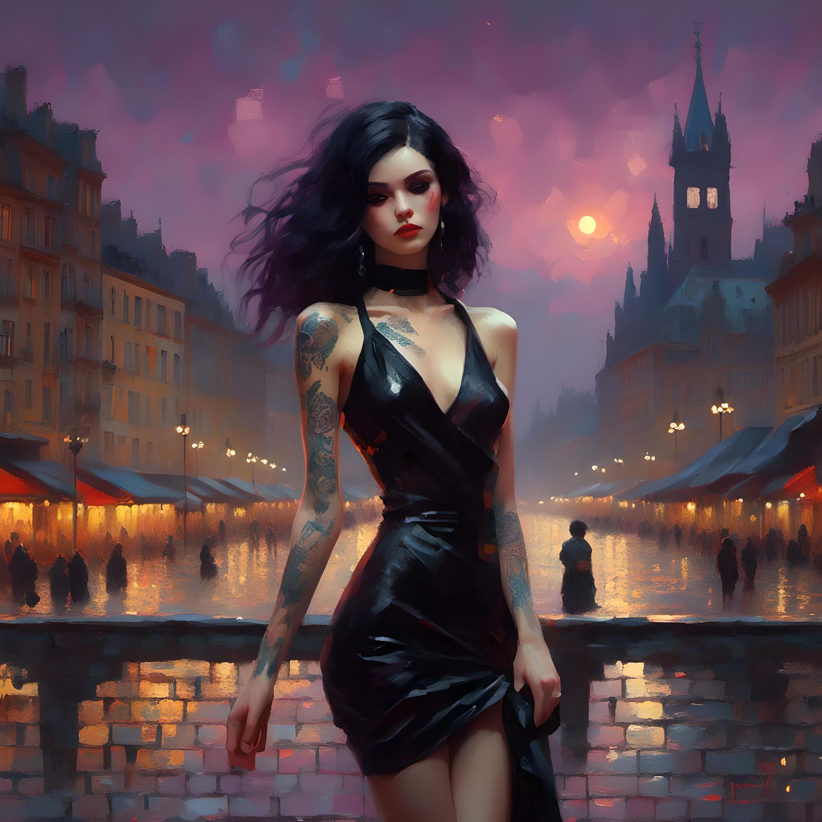 Gothic Beauty with Yakuza Tattoos in Oil Painting