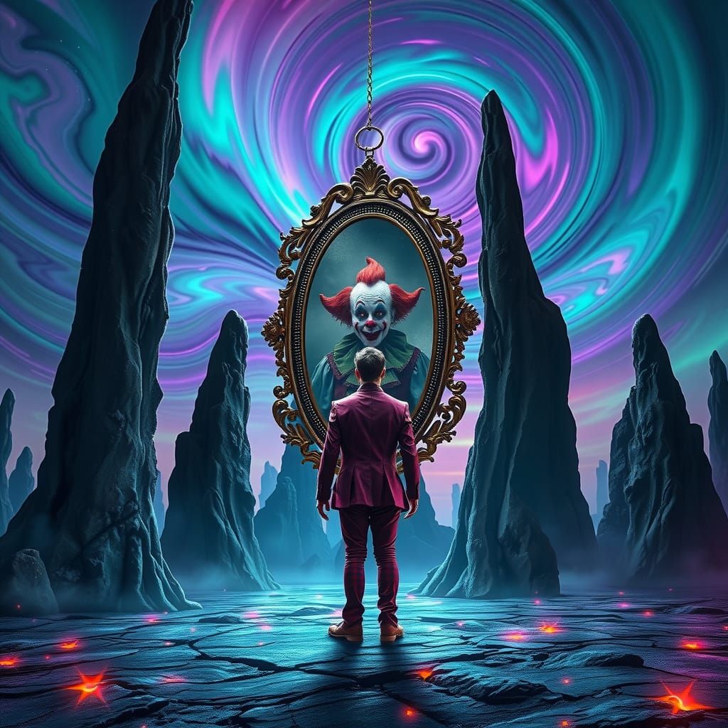 Clown Gazing into Colossal Mirror Under Aurora Sky