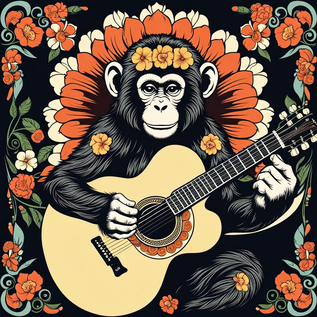 Monkey Plays Guitar with Flowers and Cigarette