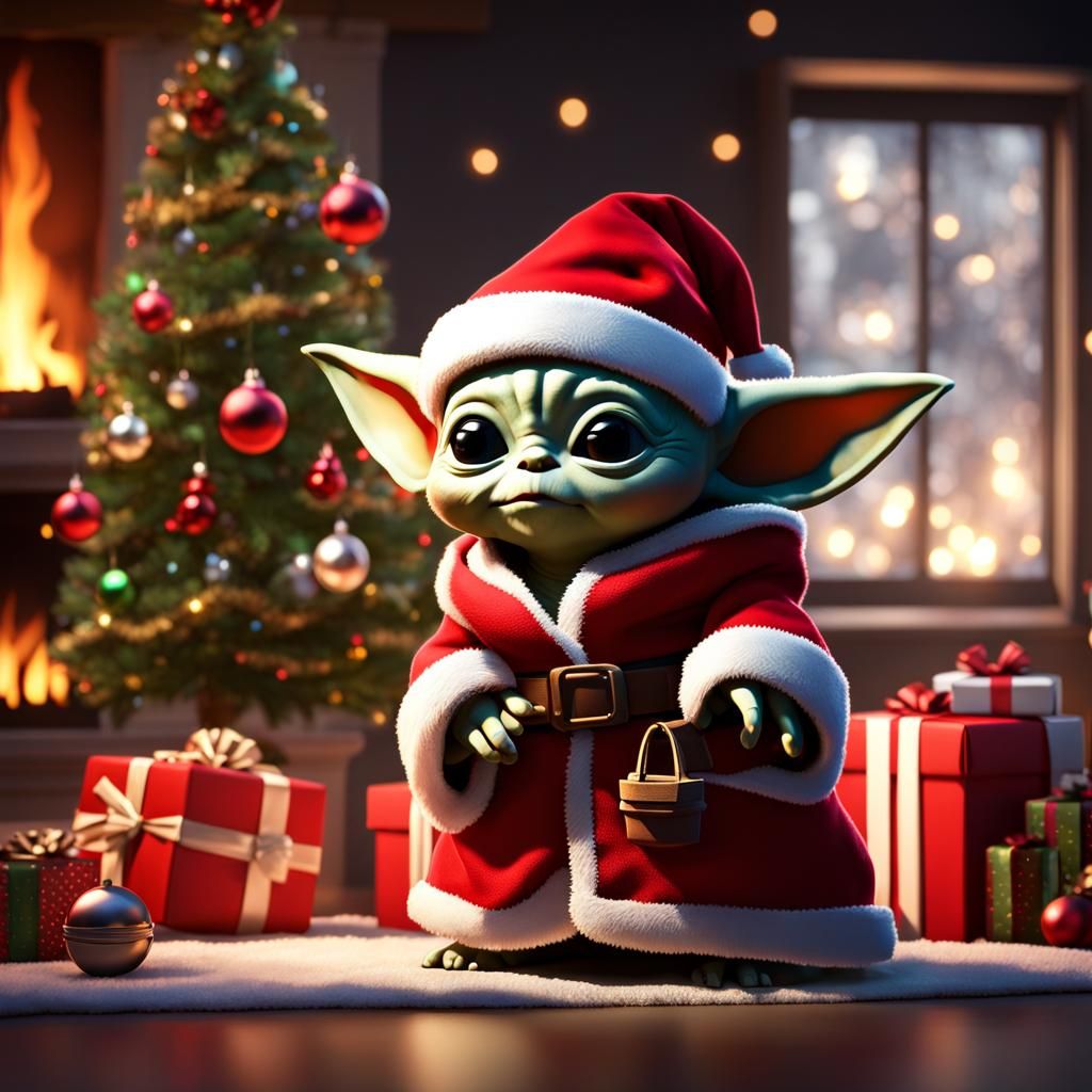 Grogu as Santa Claus by Christmas Tree