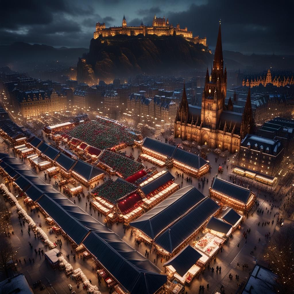 Edinburgh Christmas Market Aerial View: 3D Render