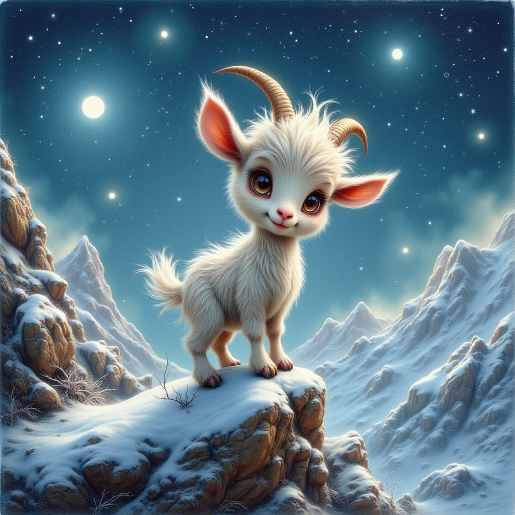 Whimsical Chibi Baby Mountain Goat Illustration