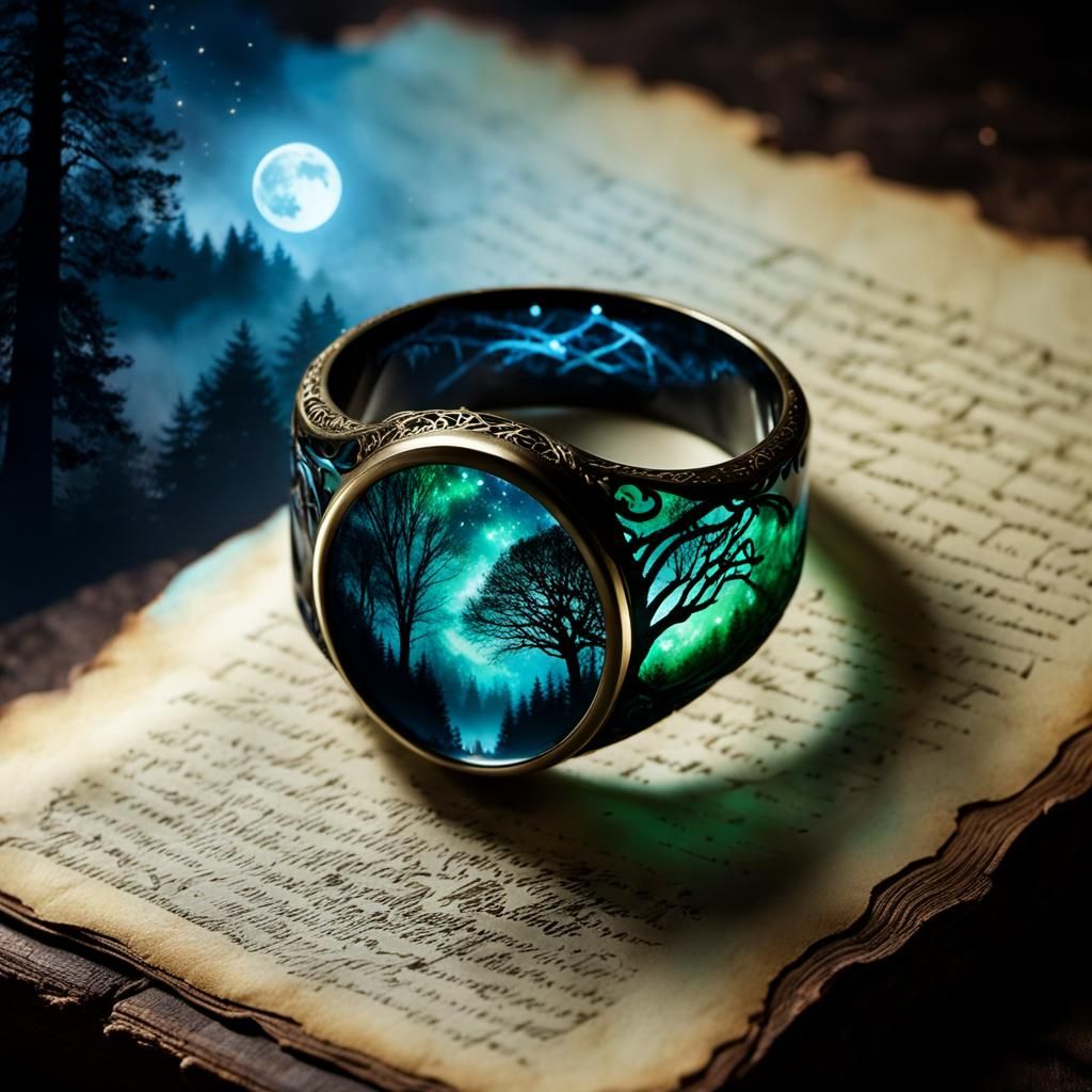 Luminescent Elven Ring on Parchment in Spring Forest