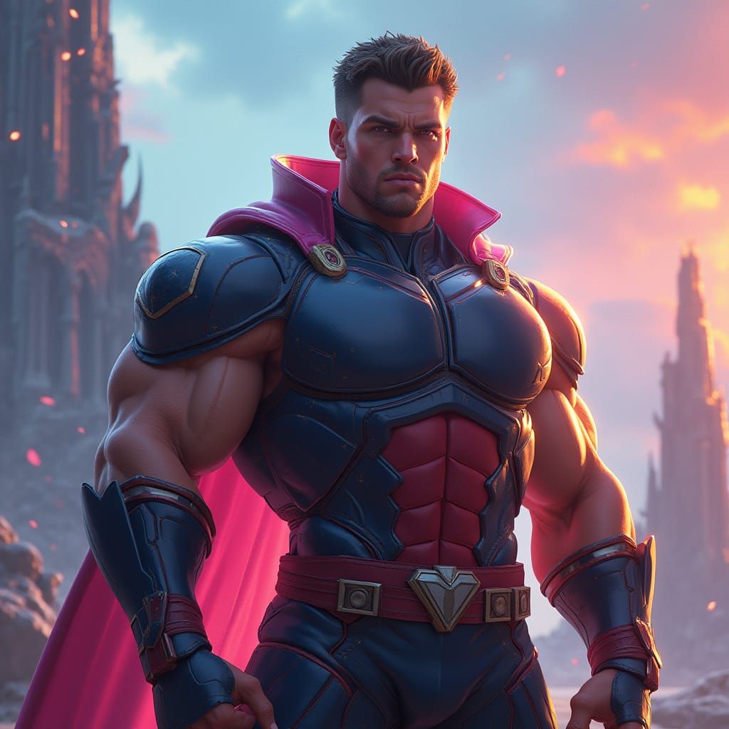 Heroic Muscular Man in Futuristic Fantasy Landscape