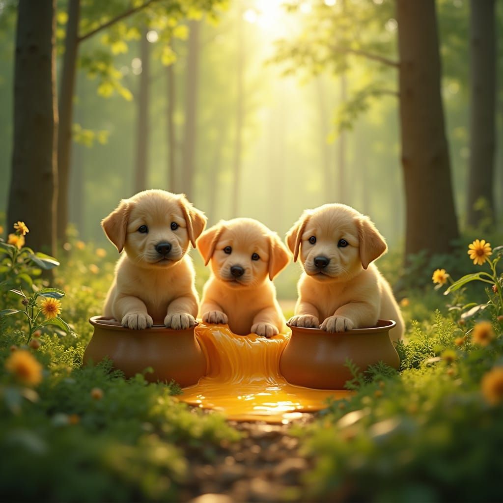 Golden Labradors Discover Honey in a Lush Forest Scene