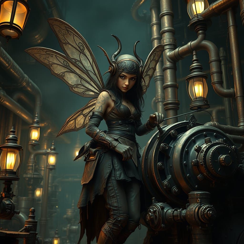 Steampunk Fairy Mechanic Tinkering in Workshop