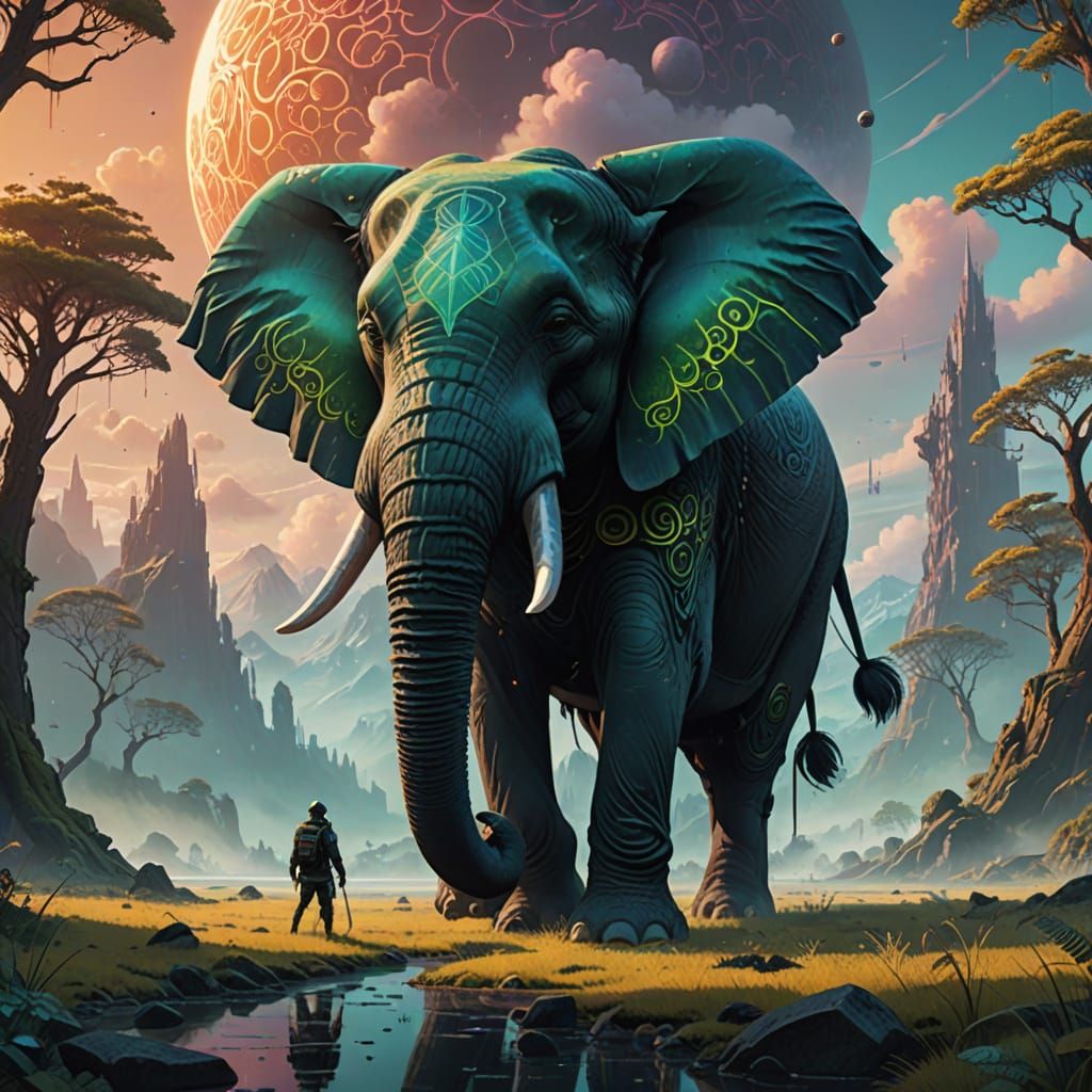 Ethereal Elephant Enthralled by Iridescent Portal