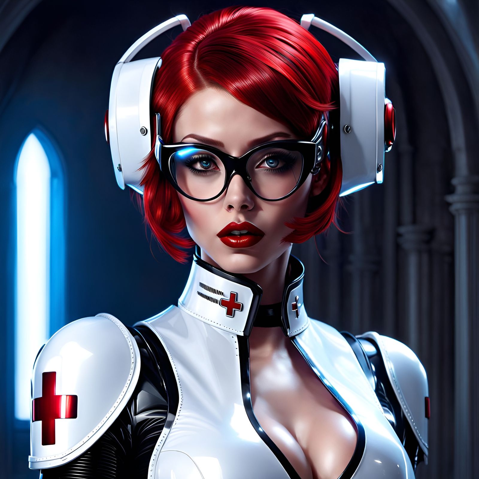 Gothic Robot Nurse with Red Hair in Futuristic Style