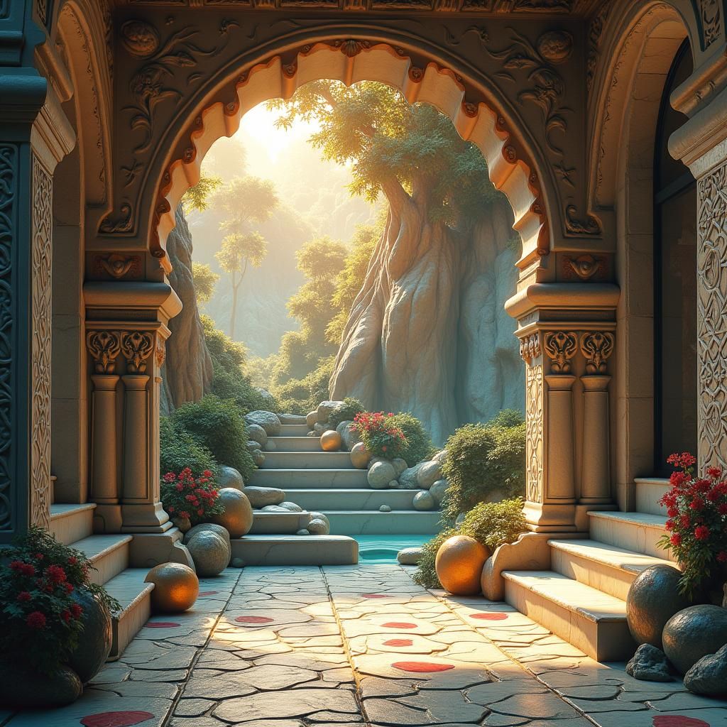 Mystical Ceramic Tile Mural in Unreal Engine 5 Style