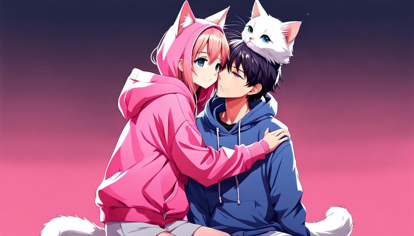 Anime Cat Girl Hugging Boy in Manga Style