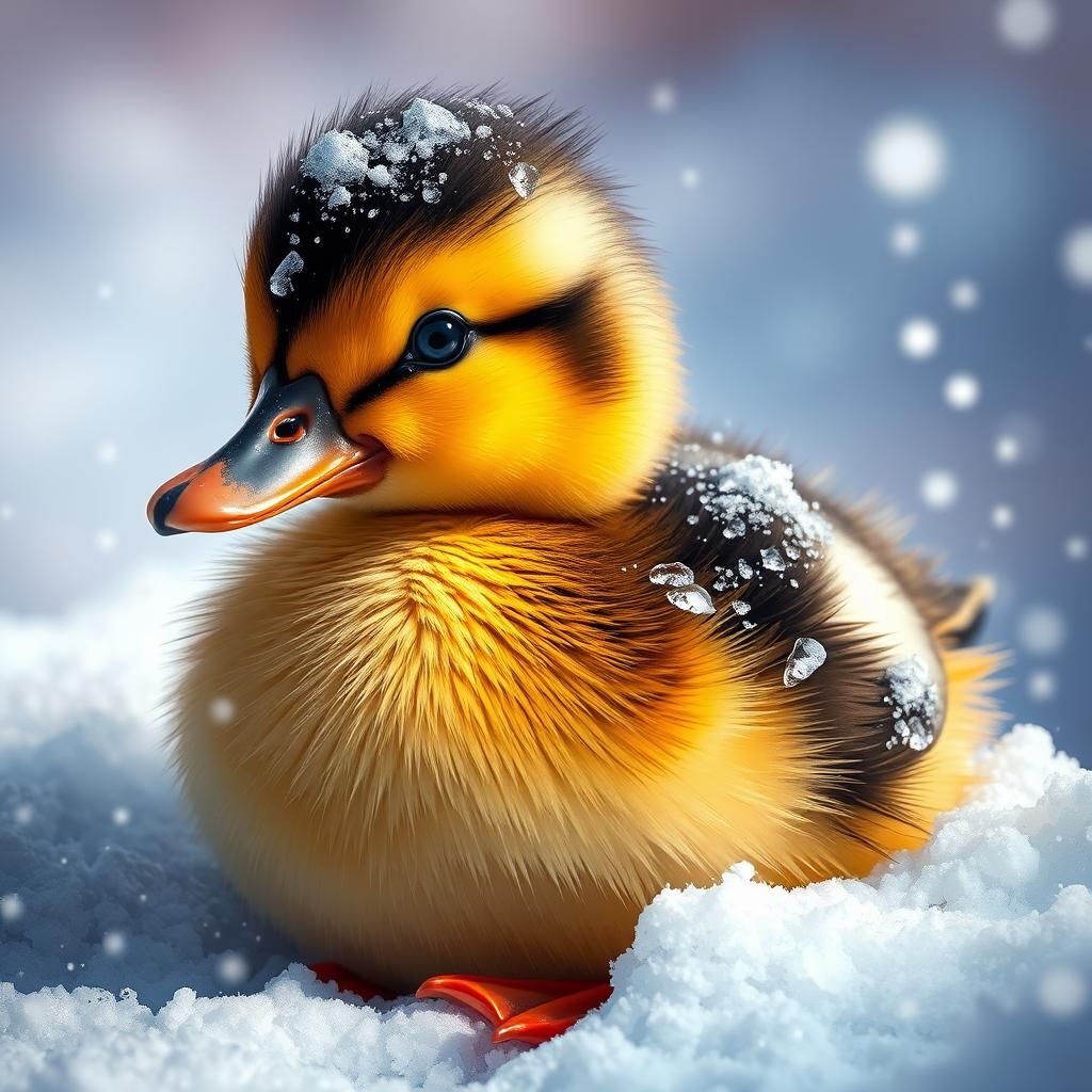 Adorable Baby Duck in Snow: Hyperrealistic Splash Art