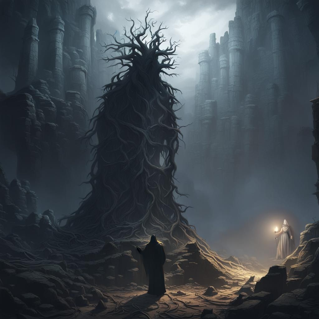 Dark Fantasy Figure in Ruined Castle Concept Art
