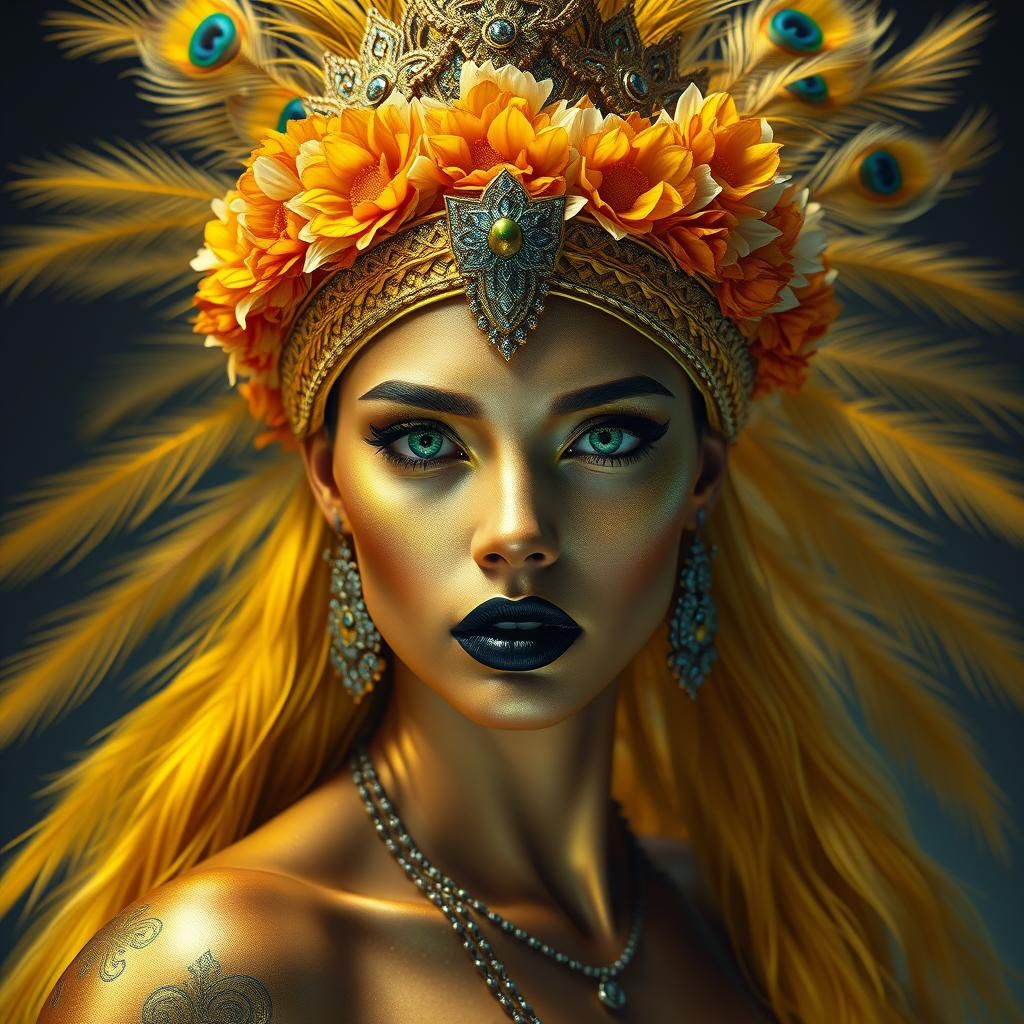 Golden Woman with Peacock Feathers, Fantasy Art