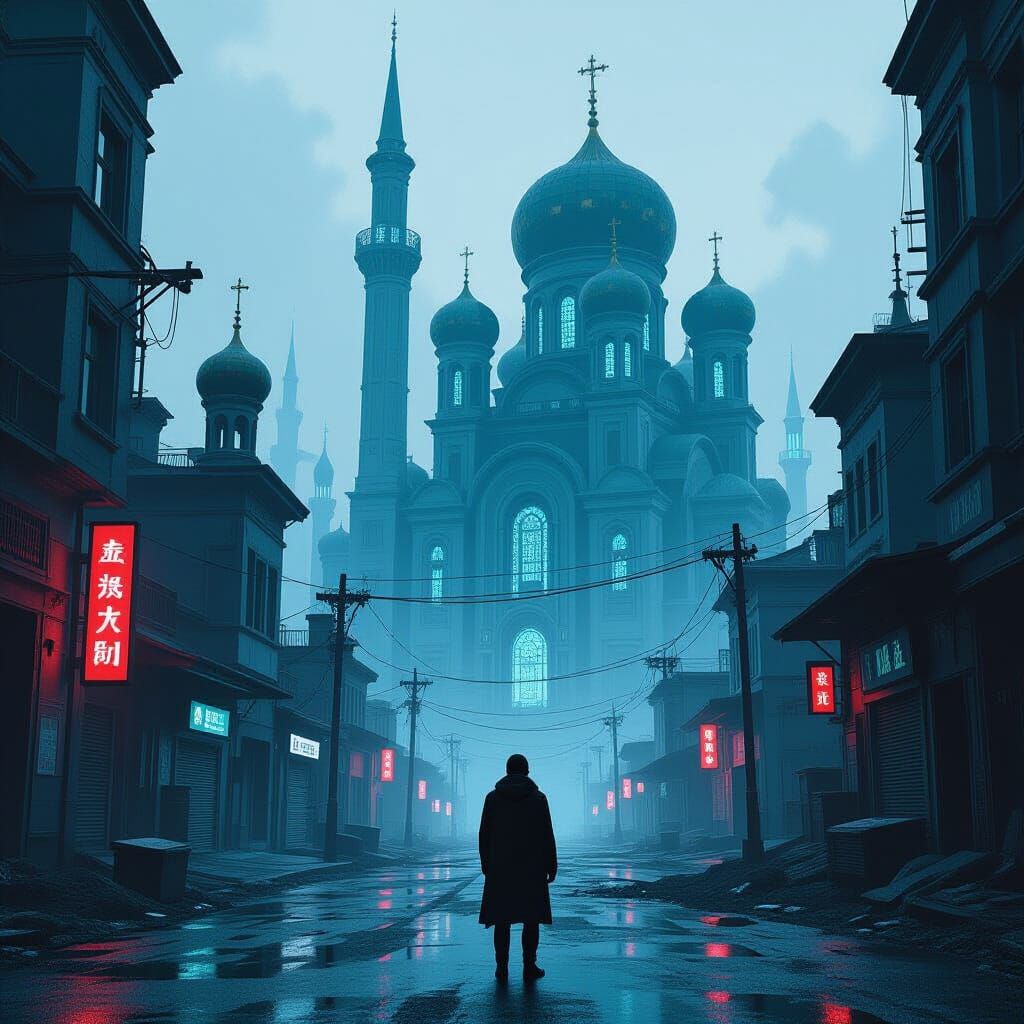 Dystopian Future: Byzantine Cyberpunk Cityscape in Matte Pai...