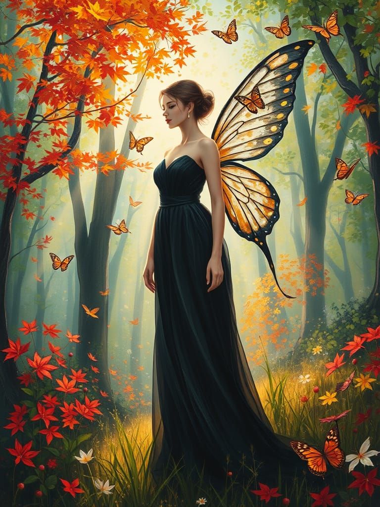 Fairy in Forest, Neo-Impressionist Oil Painting