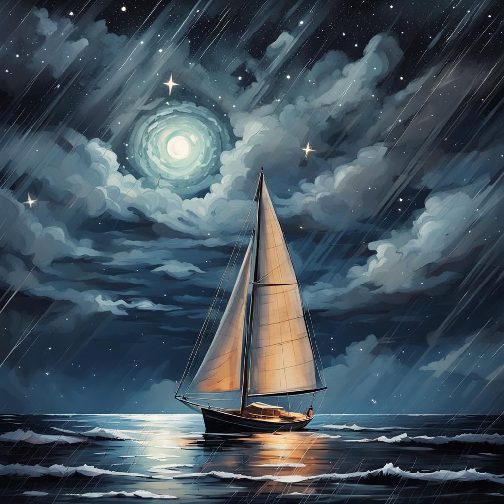 Sailboat on Stormy Night in Afremov Style