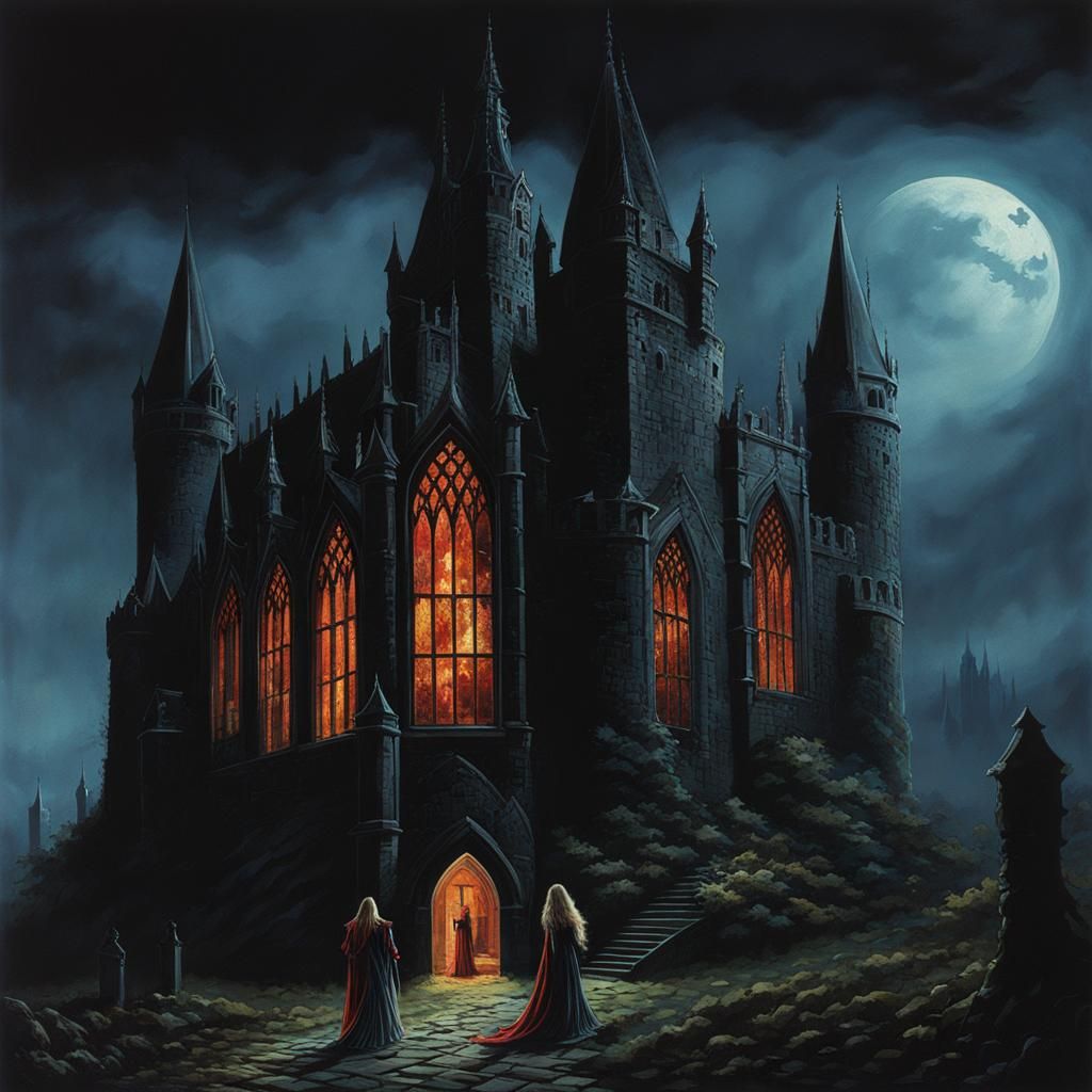 Dark Wizard's Castle with Gothic Figures, 1980s Style