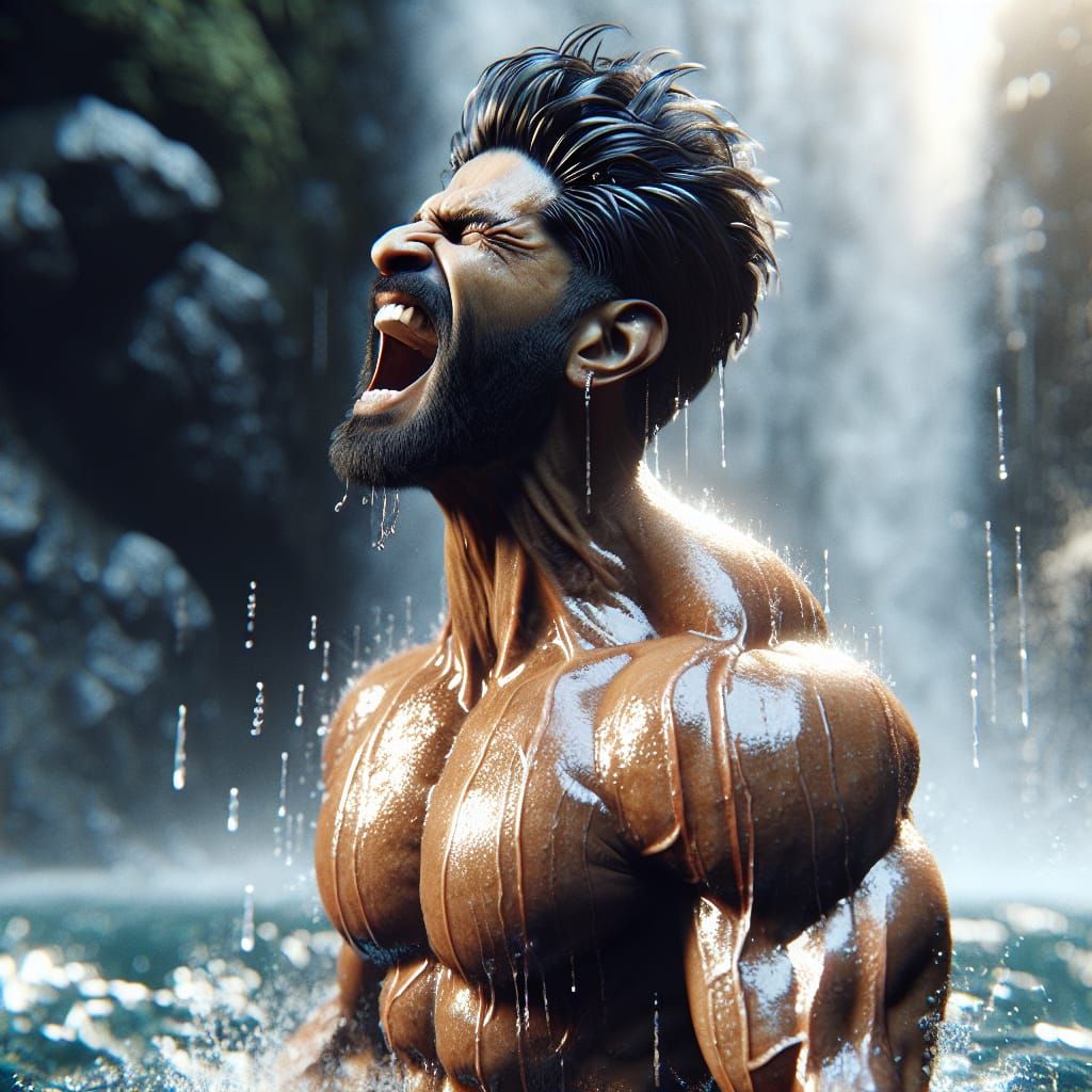 Screaming Man Bathed in Waterfall Light