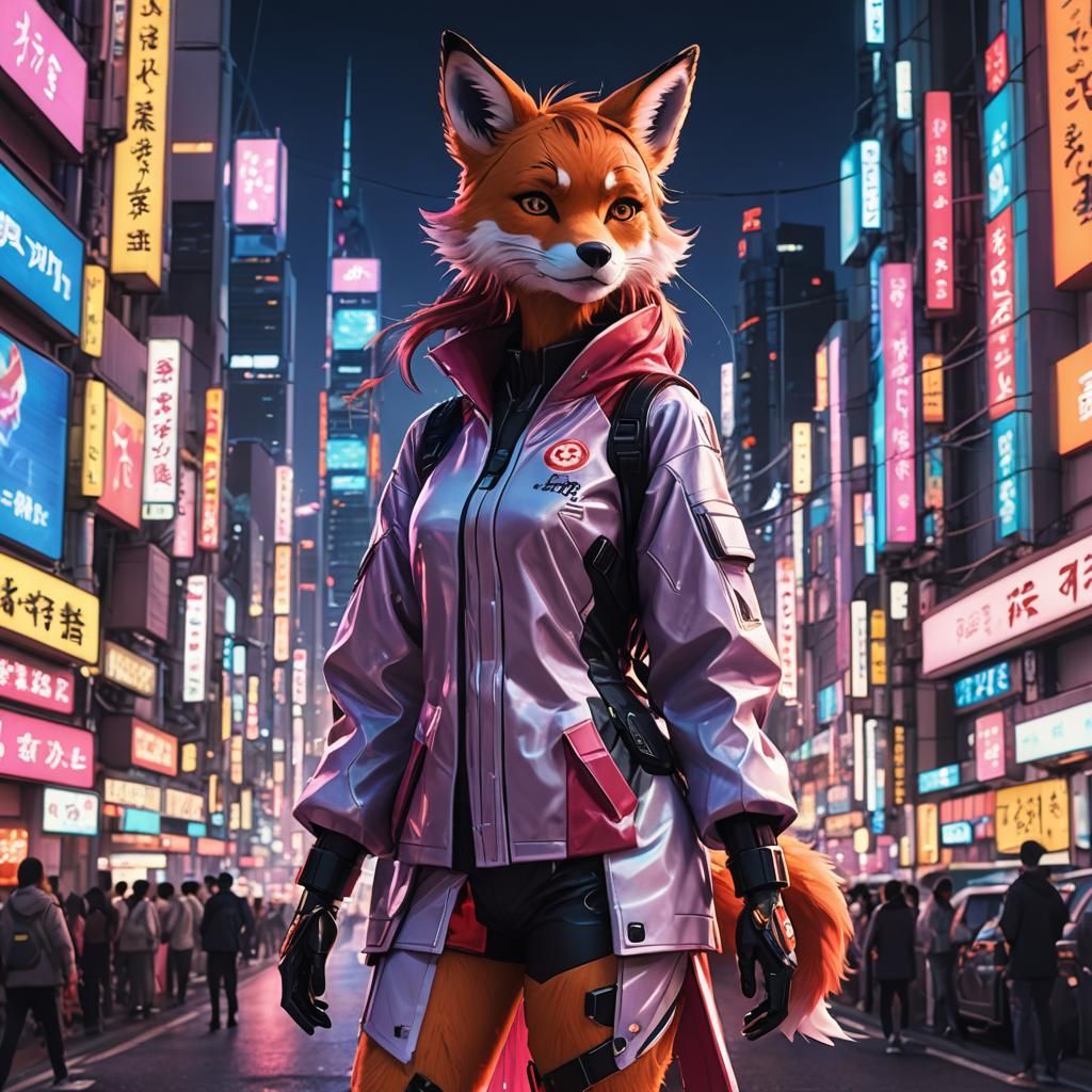 Cyberpunk Fox Girl in Neon Tokyo: Anime Style