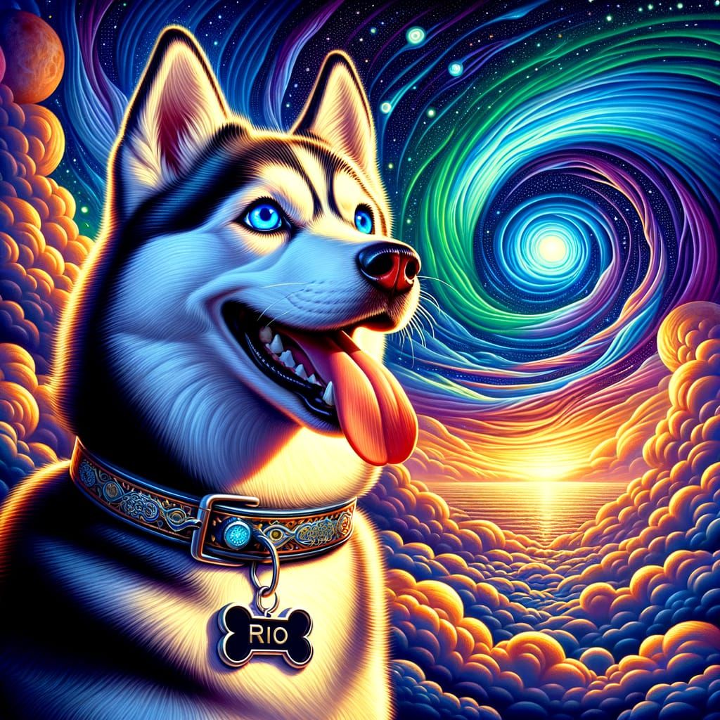 Blue-Eyed Siberian Husky in Nighttime Fantasy Scene
