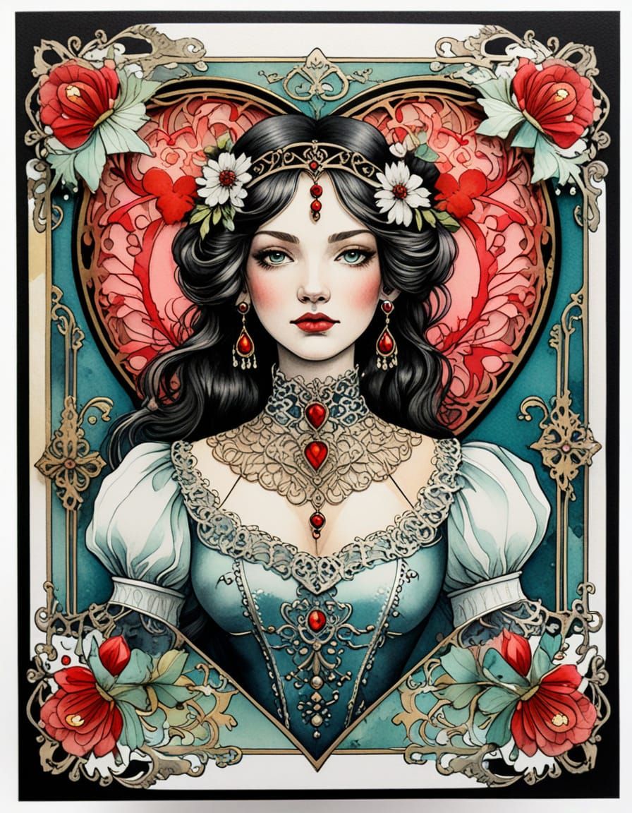 Victorian Queen of Hearts Card in Ink and Watercolor