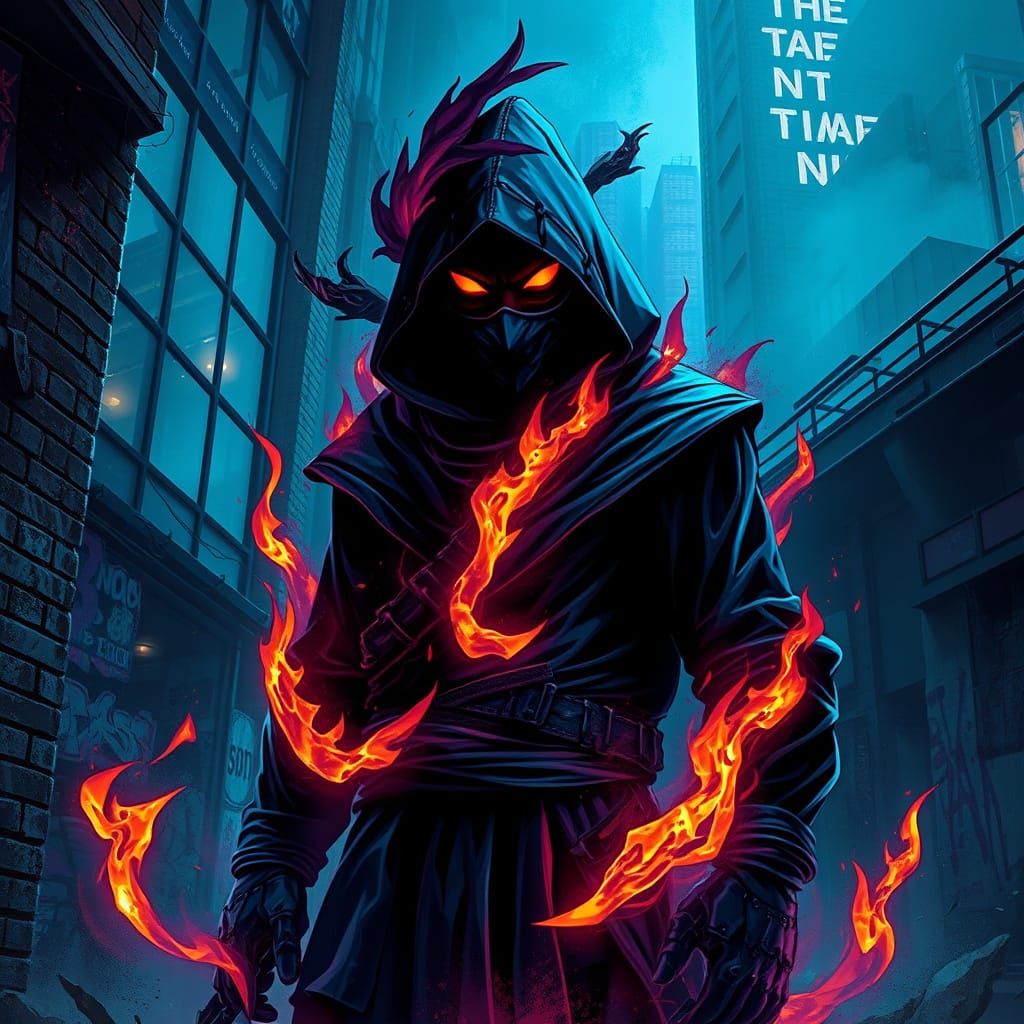 Flaming Ninja in a Neon Cyberpunk Cityscape