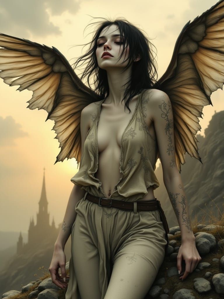 Surreal Angel Falls from the Sky in Moody Surrealism Style