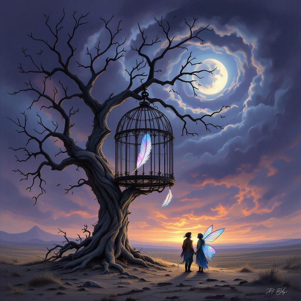 Ancient Tree Birdcage with Fairies in Dark Fantasy Style