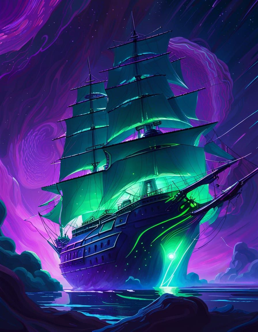 Bioluminescent Ship Gliding Through Space in Digital Art
